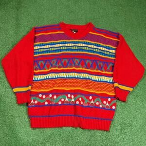 Essence Coogi Style Sweater Mens M Red Multicolor Knit 3D Textured Biggie 90s